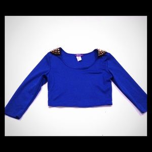 Gold Spiked Studded Shoulder Blue Crop Top